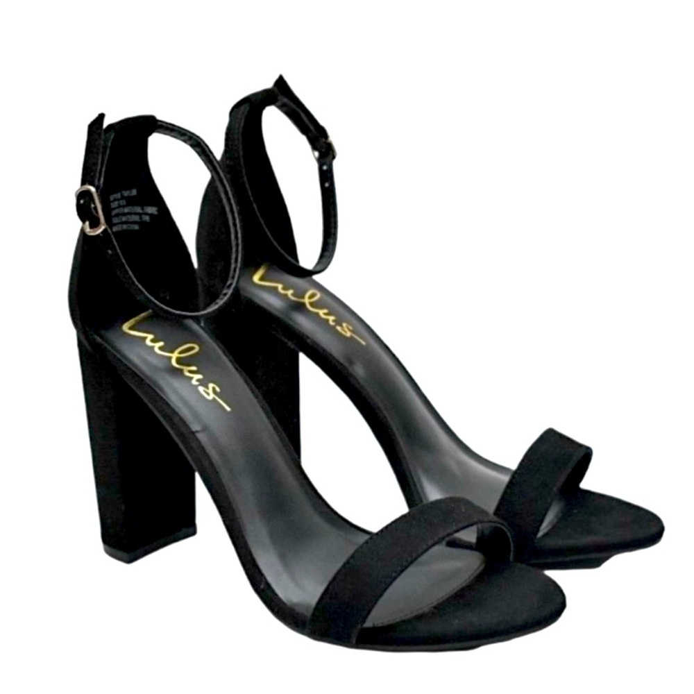 LULU’S Black Faux Suede Block Ankle Strap Sandals Heels Open Toe